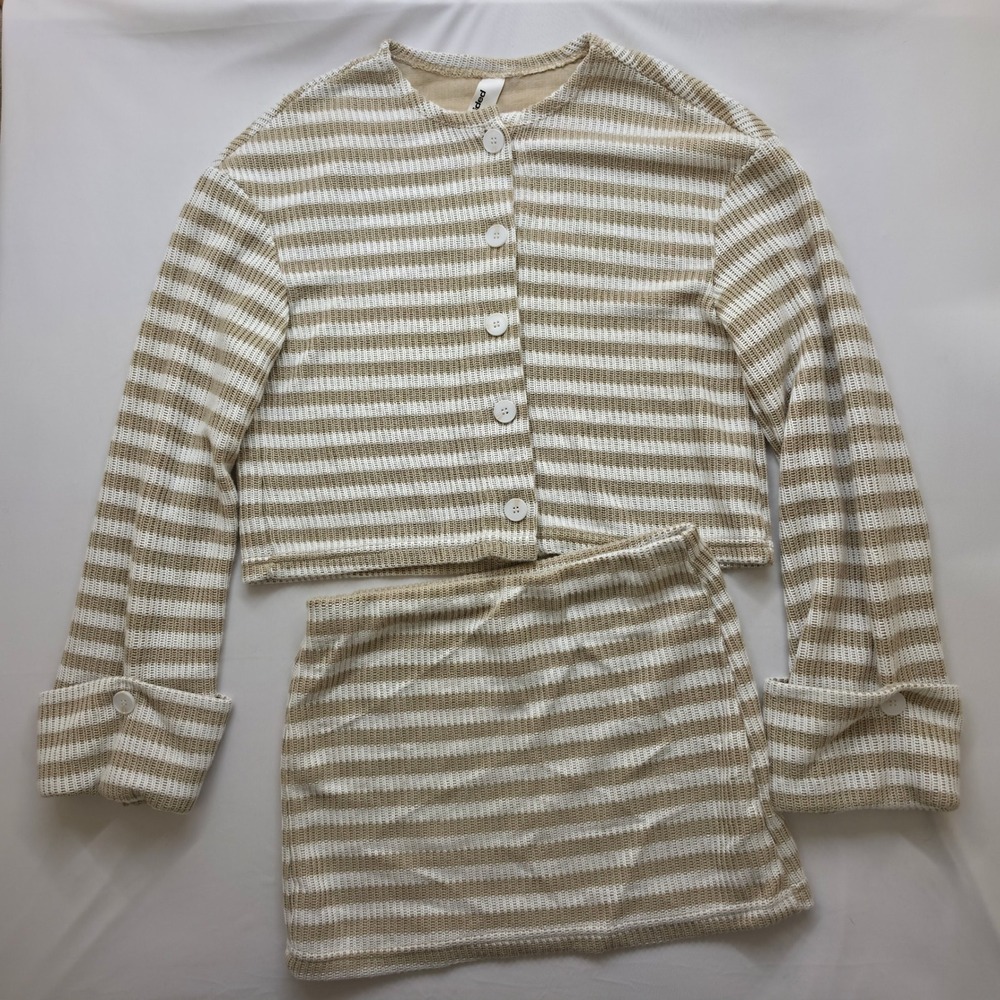 Missguided Tan White Striped Knit 2 Piece Set Cardigan and Mini Skirt Small